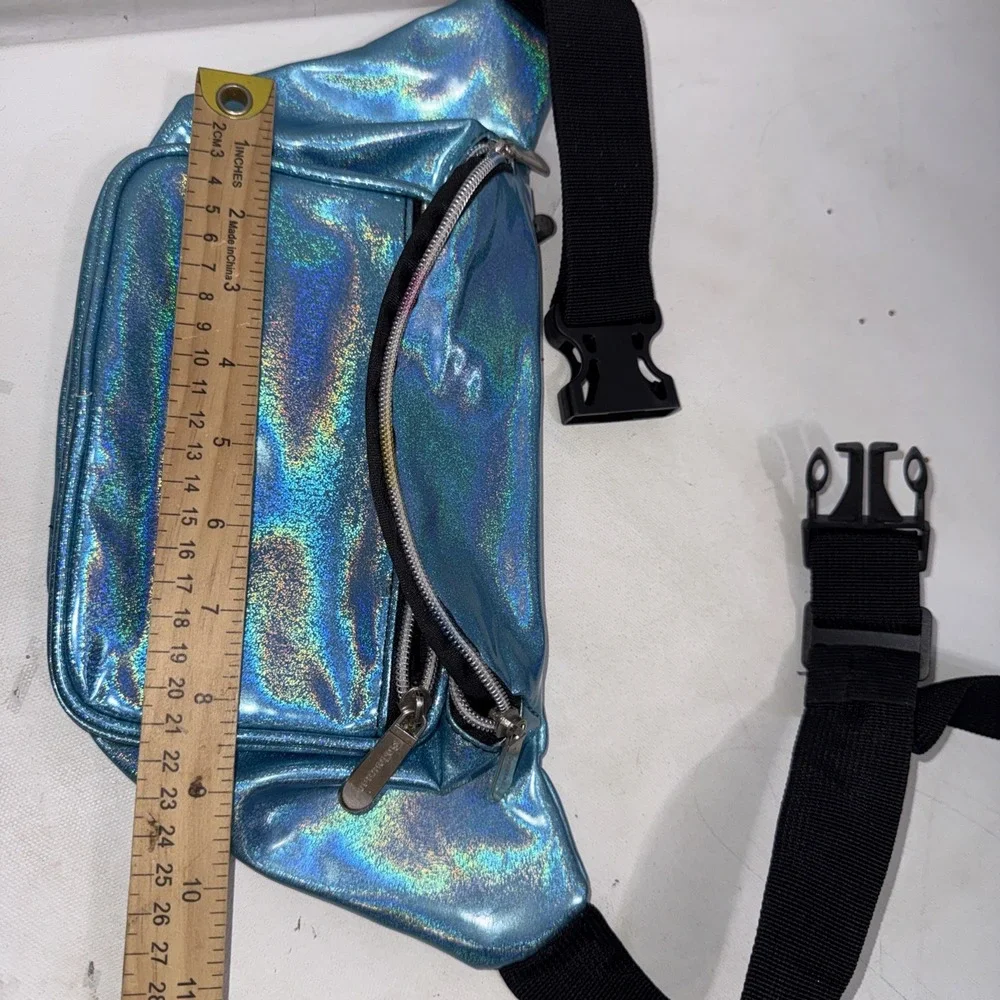 SoJourner Holographic Fanny Pack Belt Bag Blue Purse 90's Metallic Zip Pockets